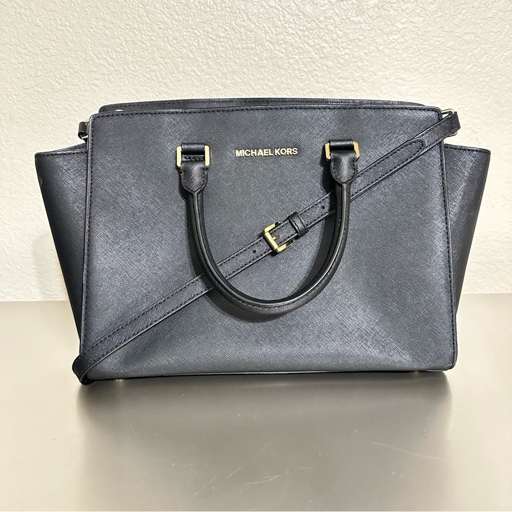 Michael Kors Selma Large Black Saffiano Leather Satchel Tote Crossbody Bag